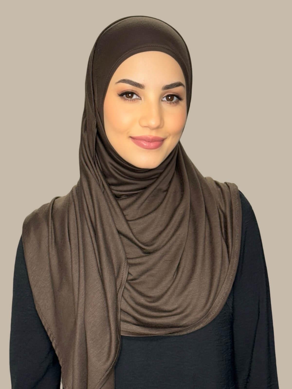 Chocolate Brown Pre-Sewn Jersey Hijab, front view on model
