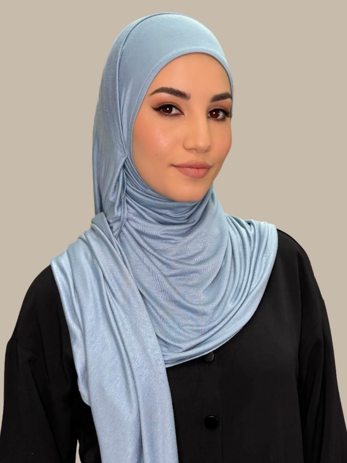 Dusty Blue Pre-Sewn Jersey Hijab, Front view on model