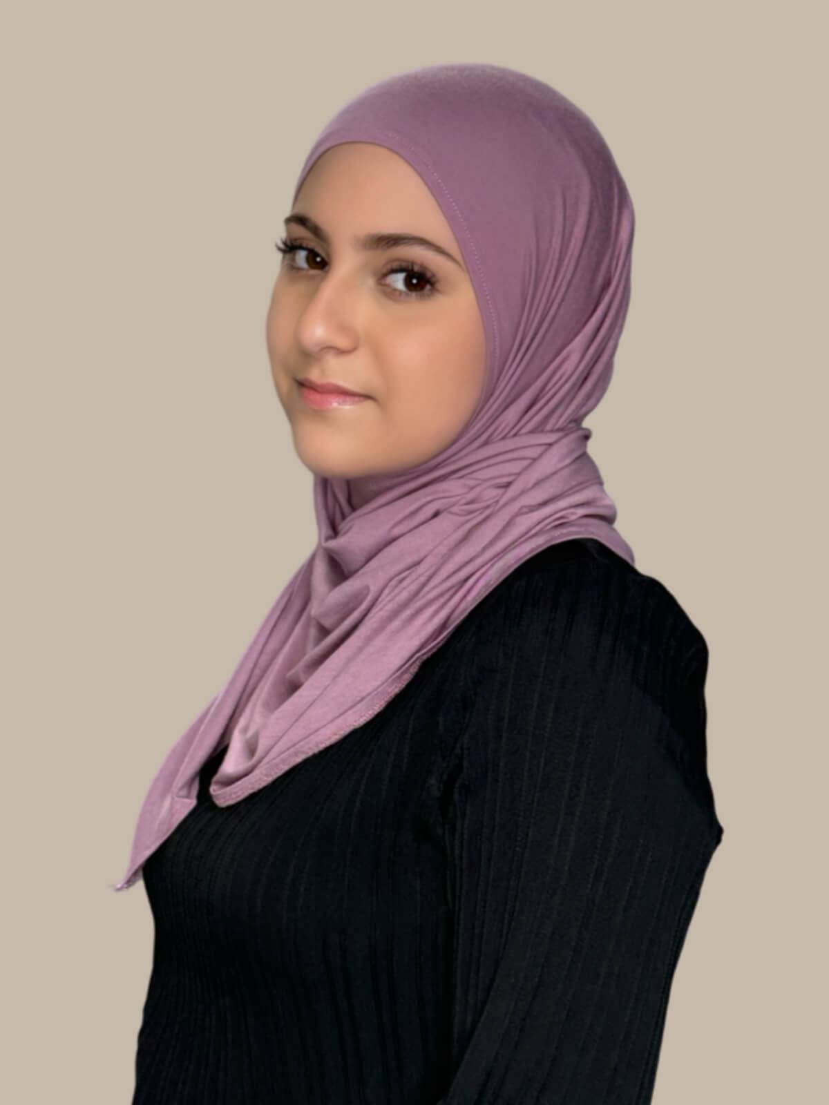 Khaki Rose Pre-Sewn Jersey Hijab in Modish Girl size, side view on model with hijab wrapped neatly around shoulders showing smooth fit and soft stretch fabric.