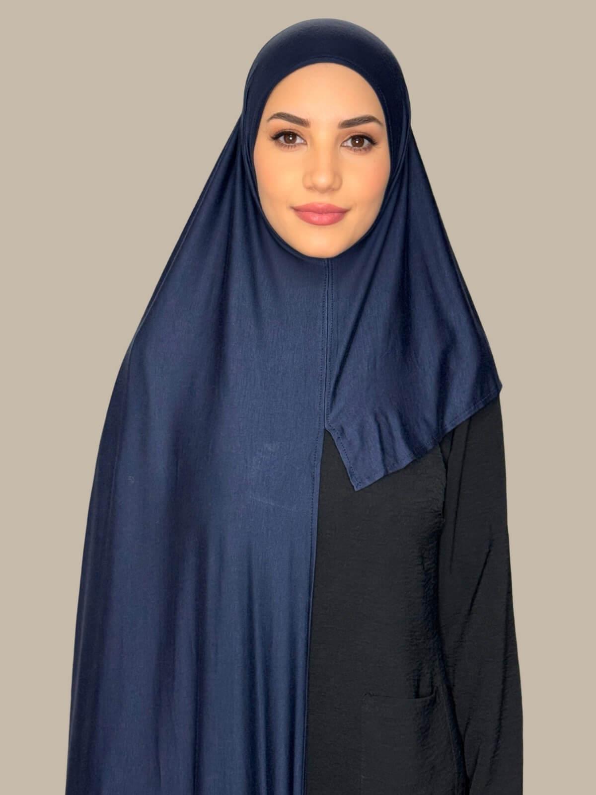 Navy Pre-Sewn Jersey Hijab front view on model showing full coverage and smooth drape on both sides.