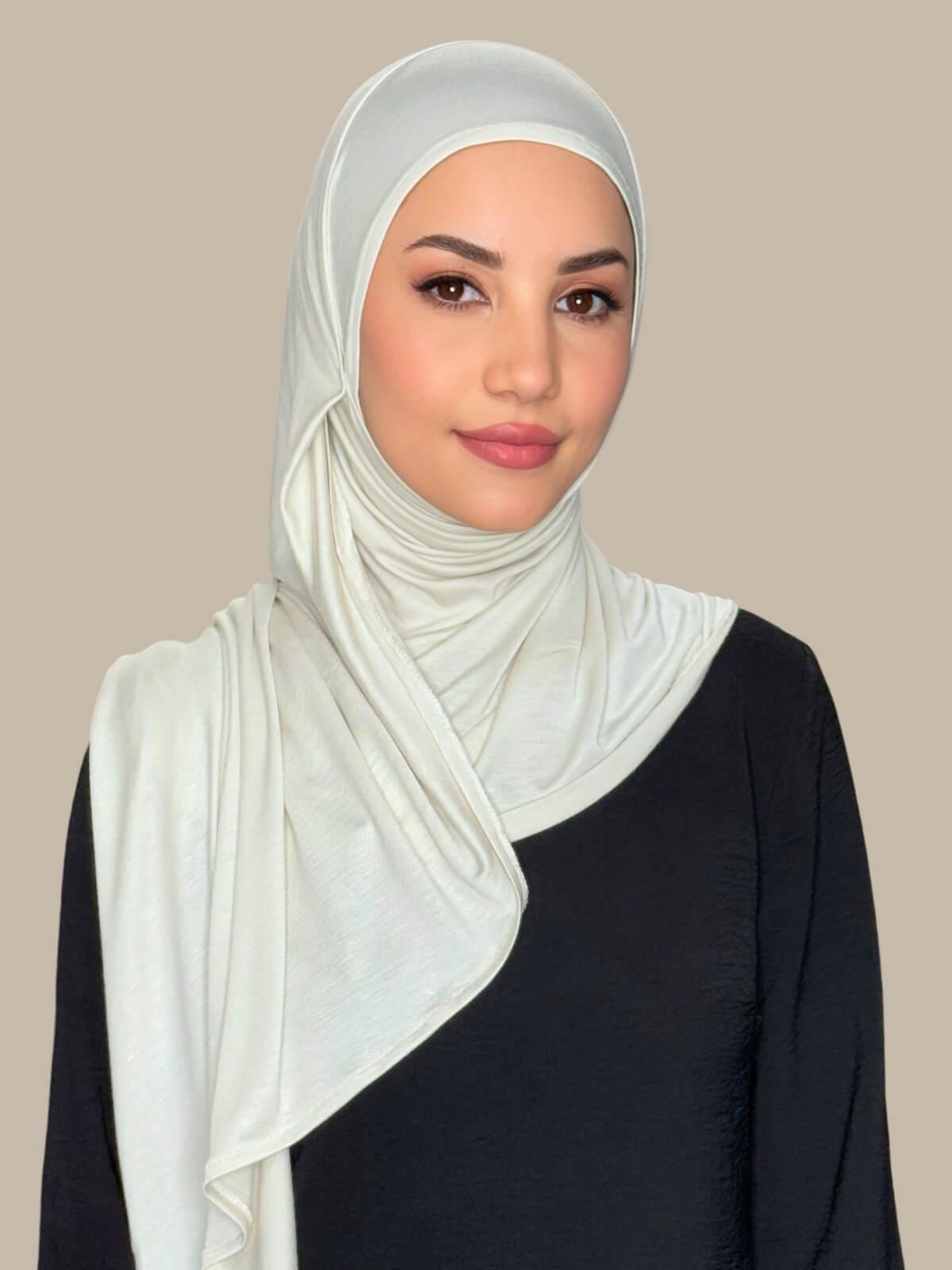 Ivory Pre-Sewn Jersey Hijab front view on model