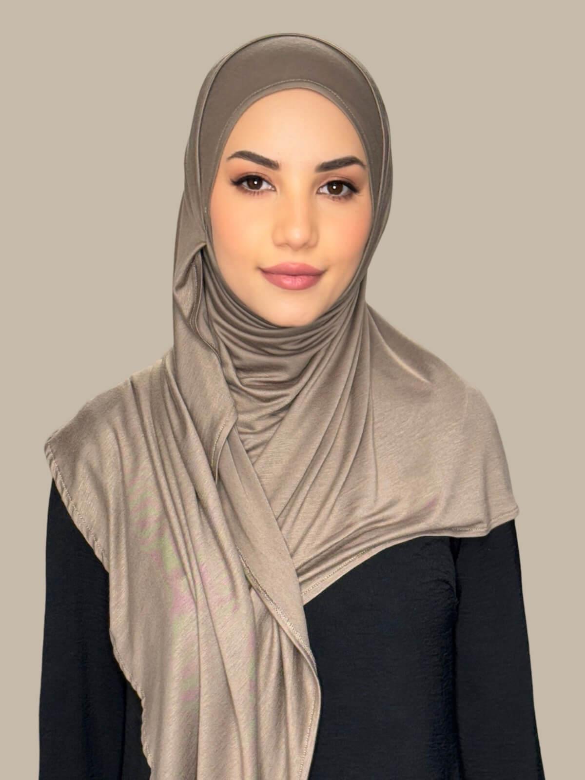 Sandstone Pre-Sewn Jersey Hijab, front view on model